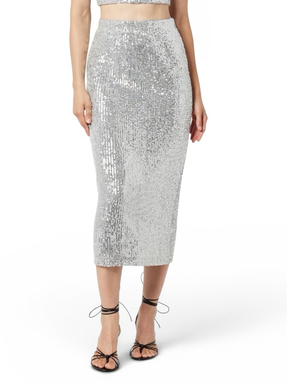 THE DROP Sequin Pencil Midi Skirt Silver Party Festive Holiday NYE Sparkly M